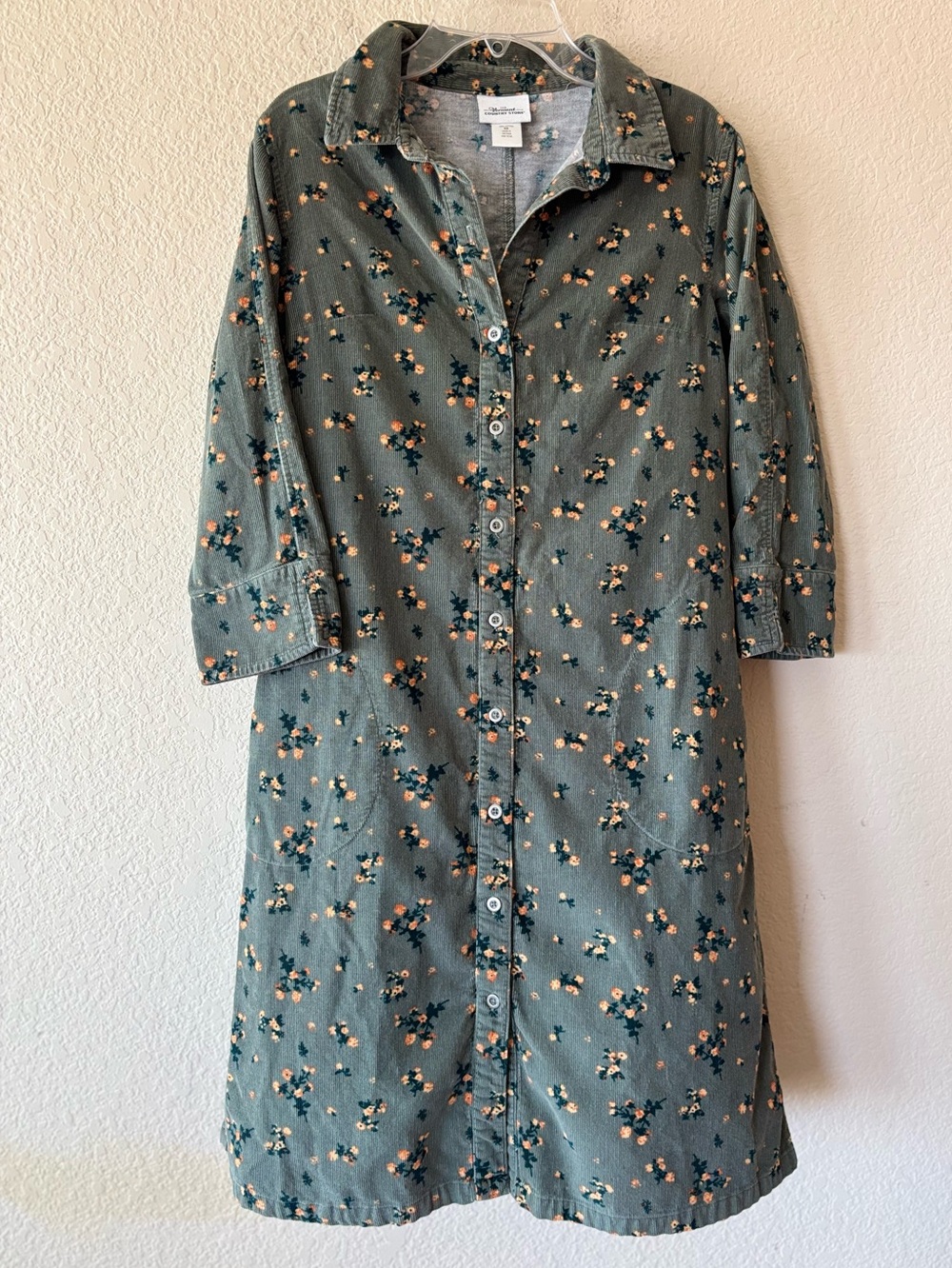 The Vermont Country Store Sage Floral Corduroy Shirt Dress XS